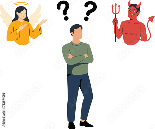 Moral dilemma illustration, angel and devil conflict, ethical decision concept, confused character pose, good versus evil, cartoon style, white background
