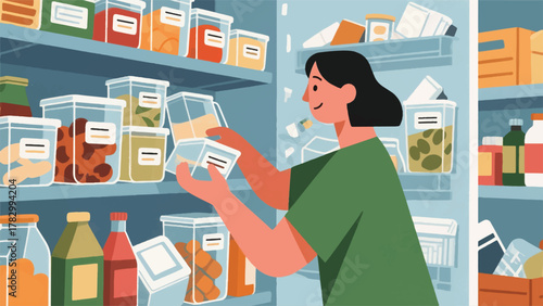 Illustration Vector Person Successfully Organizing A Messy Pantry With Clear Containers And Labels, Showing The Satisfying After Picture Vector Design Template