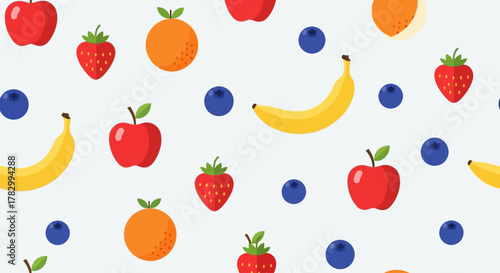 A cheerful flat design seamless pattern showcasing a colorful variety of fresh fruits and berries, ideal for healthy eating themes or food packaging.
