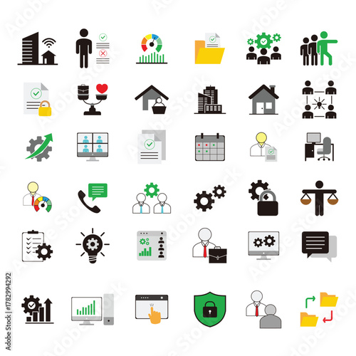 Minimalist hybrid work icons set vectors Containing remote work, home, office, flexibility, Freelance