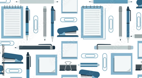 A professional flat design seamless pattern featuring common office supplies, perfect for corporate stationery or business backgrounds.