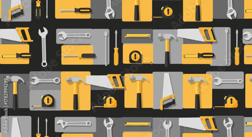 An industrial flat design seamless pattern showcasing essential construction tools, ideal for DIY projects or hardware store branding. 