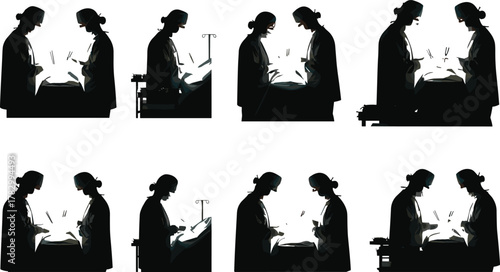 Medical professionals performing surgery, silhouette doctors, operating room teamwork, surgical procedure, healthcare teamwork, precision, hospital scene, clinical collaboration, sterile environmentt