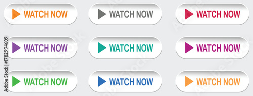 A collection of colorful 'Watch Now' web buttons with play icons for online video streaming.