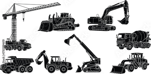 Construction vehicle silhouettes, heavy machinery vector, bulldozer excavator dump truck, black equipment icons, industrial transport set, building site illustration pack