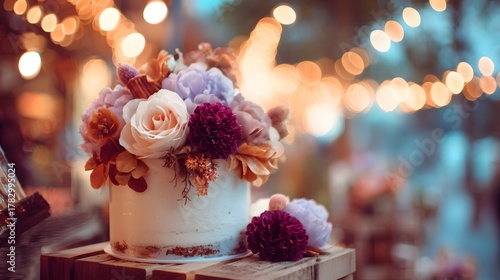 Beautifully decorated small frosted cake adorned with colorful blossoms rests outdoors beneath string lights