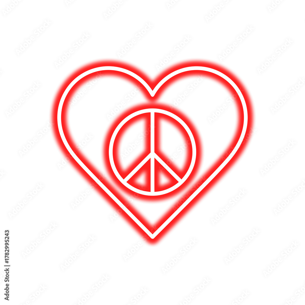 Fototapeta premium A glowing red neon heart shape with a peace symbol inside, centered on a white background.