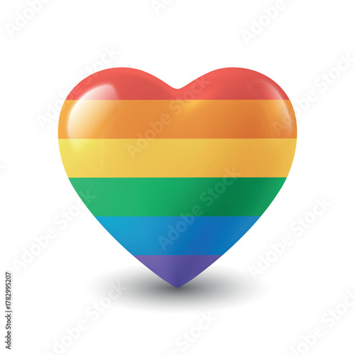 Vector 3d Realistic Rainbow Heart, Isolated. LGBT Pride Heart Symbol. Glossy Heart Icon in Rainbow Colors. Love Equality and Diversity Concept, LGBTQ Community Graphic