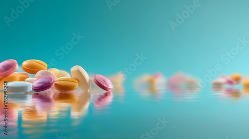 Assorted colorful pharmaceutical tablets scattered upon a reflective surface with ample copy space