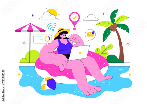 Freelance Workers Relaxing by the Swimming Pool Vector Illustration Featuring People Drinking Cocktails and Using Laptops in a Flat Background