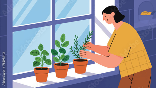 Illustration Vector Person Tending To An Indoor Herb Garden In Small Terracotta Pots Near A Window Vector Design Template