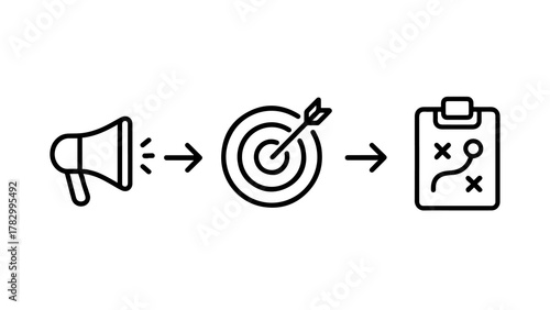 Marketing Strategy Megaphone Target Bullseye Clipboard Tactics Icons