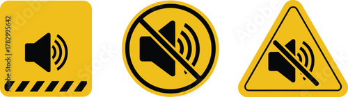 Sound warning icons, mute and alert symbols, speaker caution signs, audio restriction graphics, black yellow interface elements, isolated white background