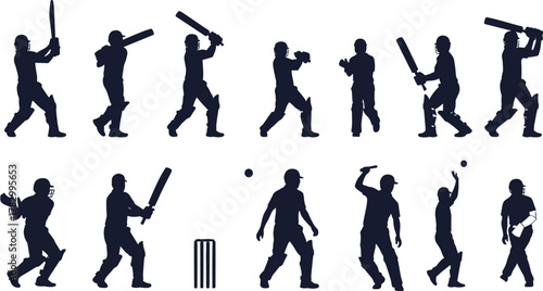 Cricket player silhouettes, batting, bowling, fielding actions, sports movement, athlete poses, wicket keeping, cricket vector art, dynamic sports illustration