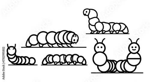 Caterpillars crawling on leaves, various sizes