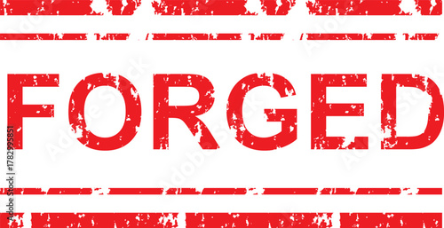 A red forged word with a grunge texture between two red lines on a white background in a square format