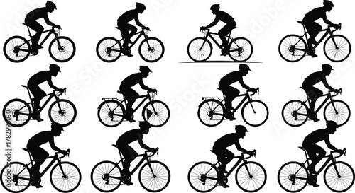 Cyclist silhouettes, bicycle types, riding posture, bike design, sports motion, black vector, wheel detail, shadow effect, cycling icons, ergonomic study