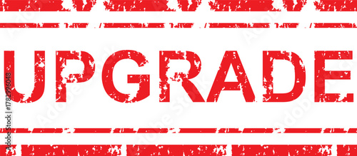 A red upgrade stamp with distressed texture and horizontal lines on a white background graphic design