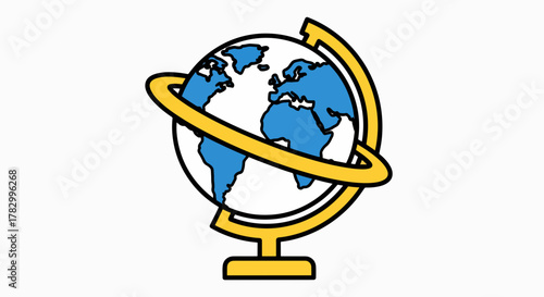 Stylized Global Education Icon: Blue Earth Globe on Gold Stand