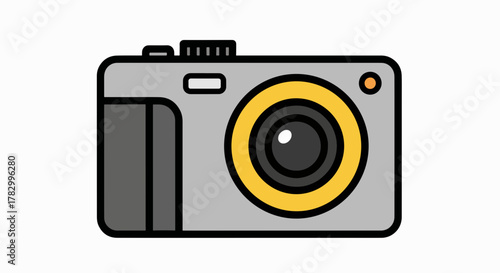 Minimalist Digital Camera Vector Icon with Golden Lens Accent