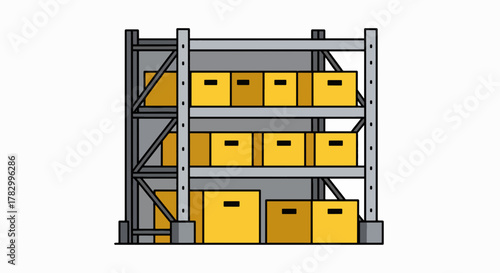 Organized Warehouse Storage Rack with Yellow Inventory Boxes Illustration