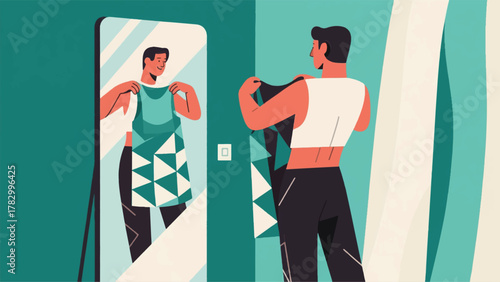 Illustration Vector Person Trying On A New Piece Of Clothing In Front Of A Full-Length Mirror, Showing Off The Fit Vector Design Template