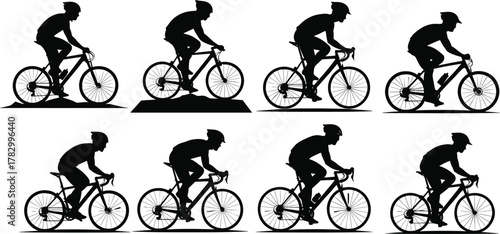 Cyclist silhouettes, bike motion sequence, riding posture, mountain bike, sport activity, black vector, cycling technique, athlete movement, ergonomic study, wheel detail, biking stages