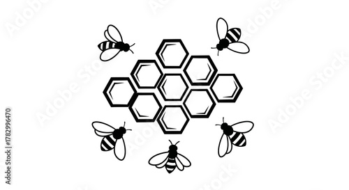 Honeycomb with bees, isolated on white