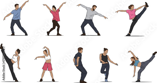 Dance pose vector, expressive movement, dancer silhouette, athletic flexibility, choreography illustration, modern dance, casual outfit, dynamic stance, stock design, performance art