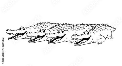 Line art crocodile row with smiling faces