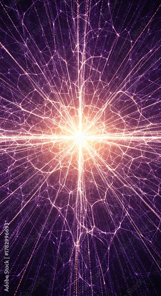 Obraz premium Abstract glowing purple and orange starburst pattern with intricate lines radiating outwards from a bright center, creating a sense of energy and cosmic expansion