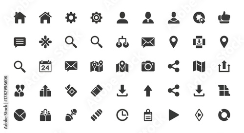 Set of monochrome icons for user interface elements