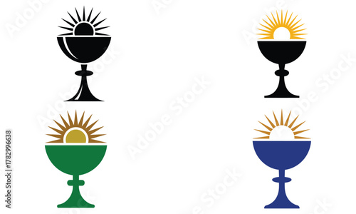 Colorful goblet icon set with sunrise design on white background  
