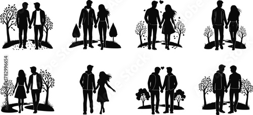 Romantic couple silhouette, walking hand in hand, love scene vector, outdoor relationship icons, black illustration, affection, nature, hearts, bonding