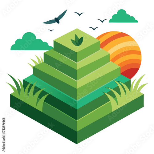Green layered pyramid with grass, birds, and sun growth
