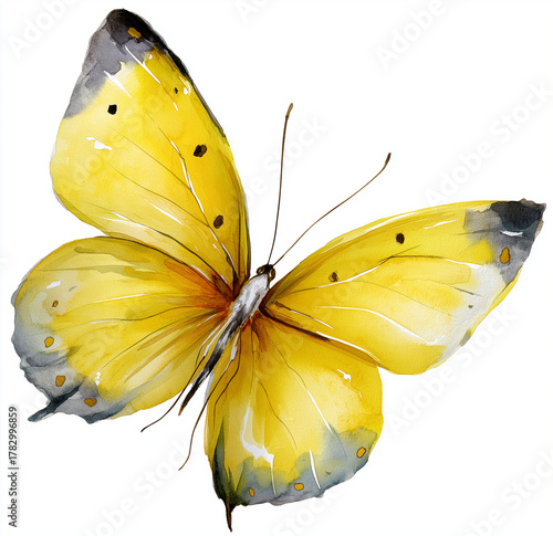 Vibrant yellow watercolor butterfly with delicate wings, perfect for spring and nature themes, bringing a touch of elegance and beauty to any project.