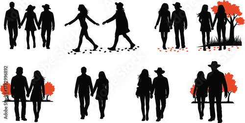 Couple walking silhouette, romantic outdoor scene, black vector illustration, love and nature concept, holding hands, autumn trees, relationship, companionship