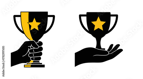 Two black silhouette hands holding golden trophies with yellow stars against a white background.