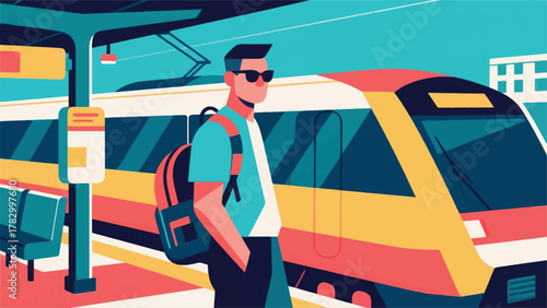 Illustration Vector Person Waiting For A Train Or Bus With A Stylish Backpack And A Confident Pose Vector Design Template