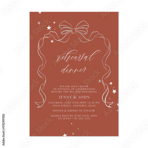 Rehearsal dinner invitation template with silver ribbon and bow forms a frame at the top and stars on a warm red background