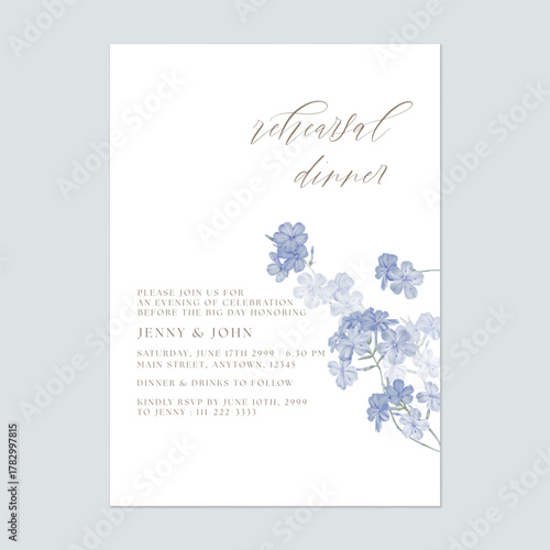 Rehearsal dinner invitation template with watercolor illustrations of Cape leadwort flowers on a solid white background
