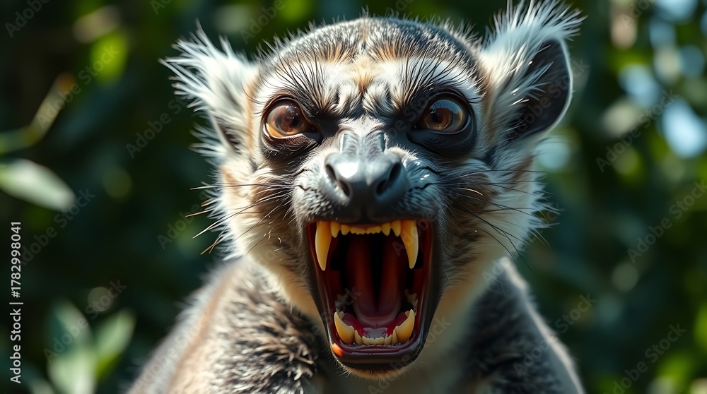 Obraz premium Ring tailed lemur showing its teeth in close up view