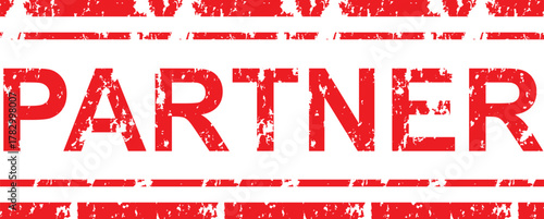 A red partner text with distressed effect and horizontal lines on a white background design element