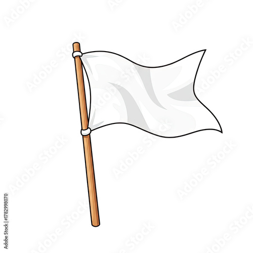 Waving White Flag on Wooden Pole Isolated on Transparent Background Simple Cartoon Style Illustration