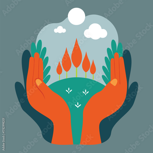 Hands Protecting Nature Landscape Illustration protection