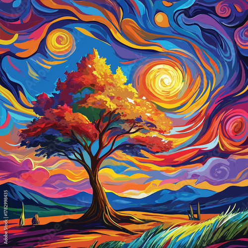 Impressionistic Tree Against a Fiery Swirling Sunset Sky