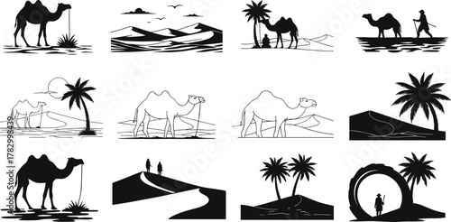 Desert silhouettes, camel scenes, sand dunes, palm trees, nomadic life, black vector, traditional travel, oasis landscape, cultural icons, desert journey, tribal figures, desert wildlife