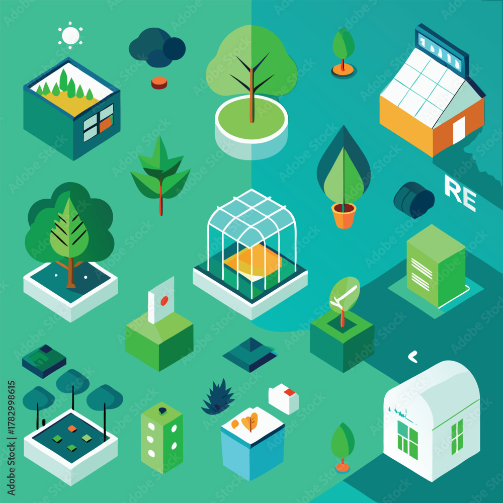 Fototapeta premium Isometric eco-friendly buildings and plants collection