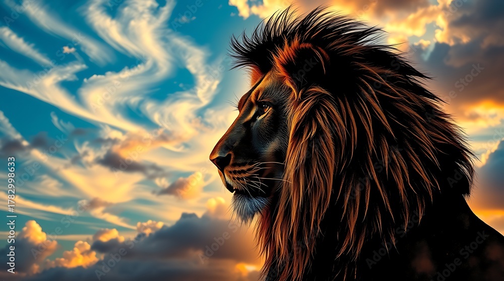 Naklejka premium Lion profile against a dramatic sky background