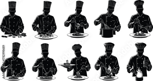 Chef silhouette cooking, black vector illustration, culinary action poses, kitchen scene, food preparation, professional cook, plating, chopping, stirring, garnishing, serving